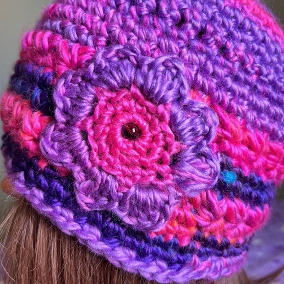 Vibrant Crochet Beanie in Purple and Pink - Picture 2 of 7